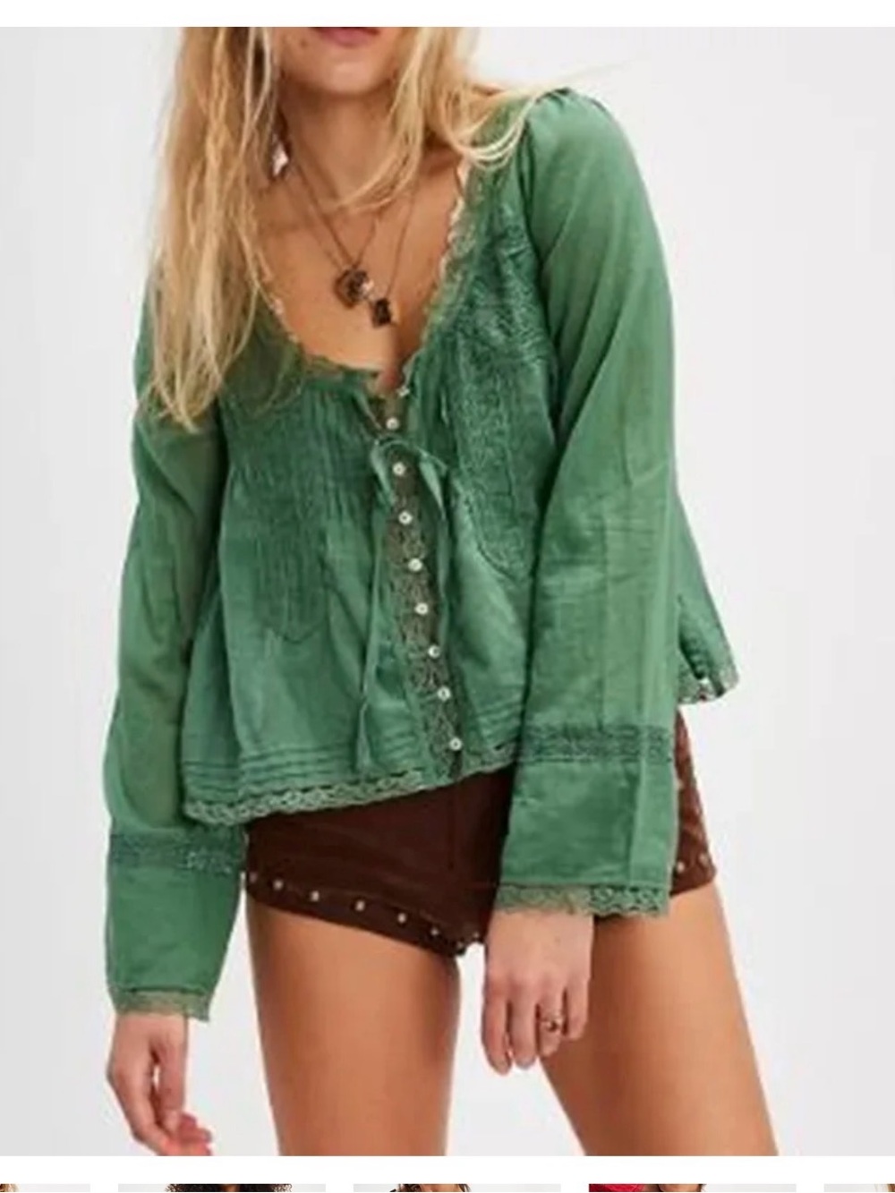 Forever More Green Lace Trim Tie Front Green Blouse Size L NWT